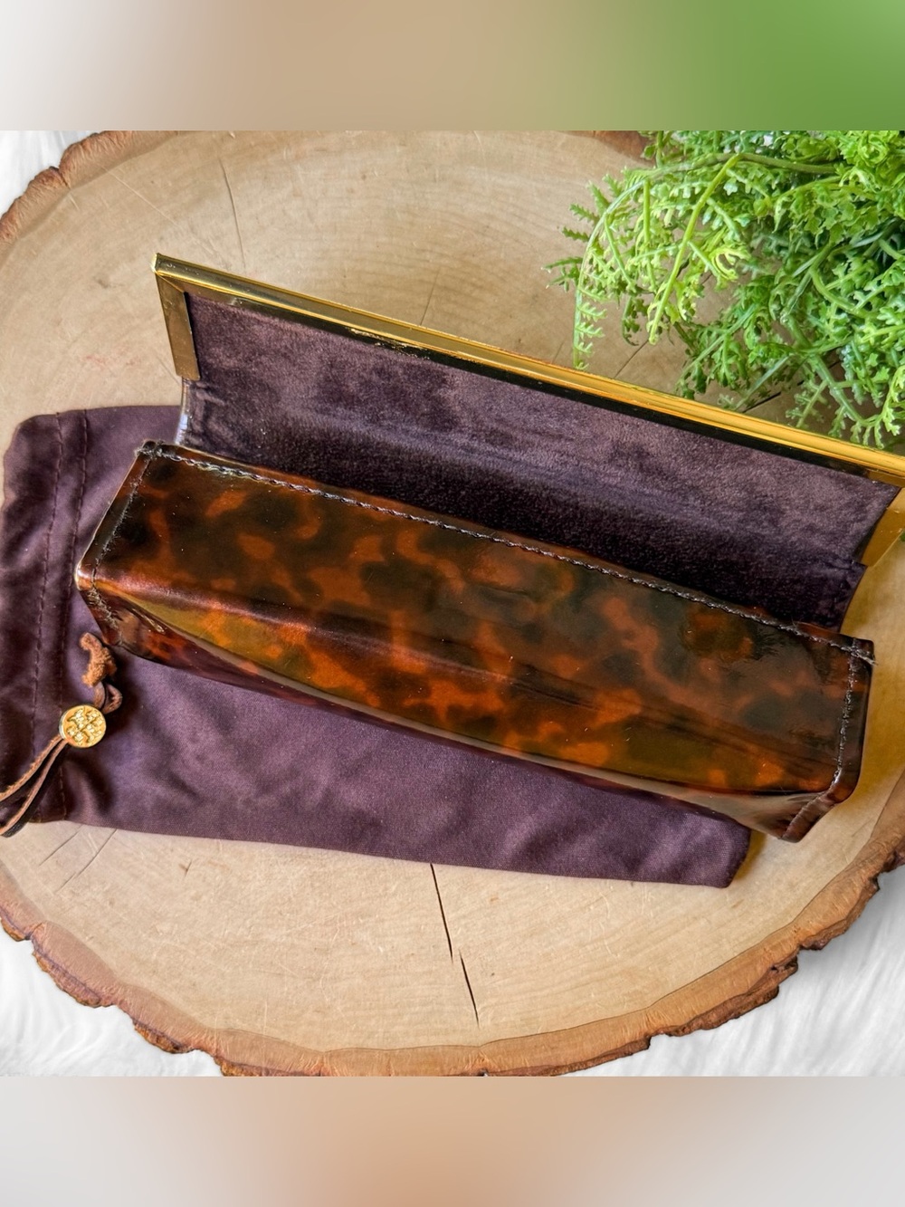 Tory Burch Tortoise Gold Eyeglass Sunglass Case & Soft Cloth Holder - Picture 2 of 3